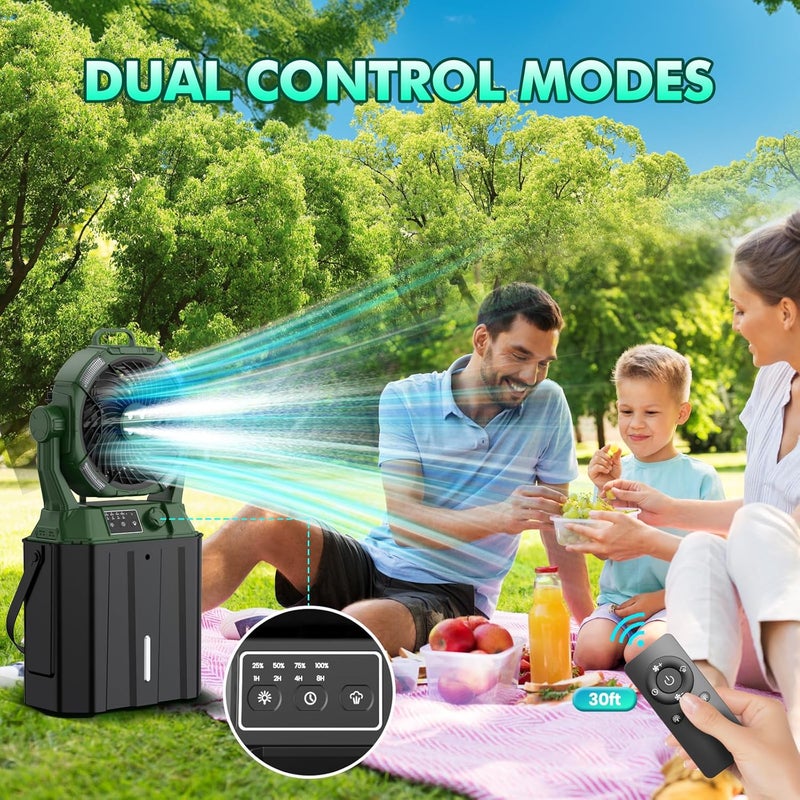 Wilody Misting Fan Portable 42800mAh Rechargeable Camping Fan with Remote Control, 3 LED Light & Stepless Speed Control & Cooling Spray with 6L Bucket, Timer Function, Portable Handle, Rotate Hang Hook - Image 5